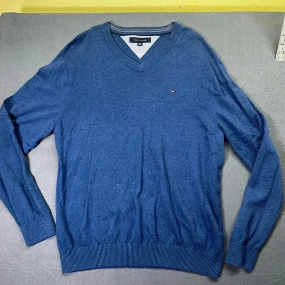Tommy Hilfiger V-neck Sweater Mens XL 100% Cotton Blue Soft Warm Casual 1202 - Picture 1 of 9
